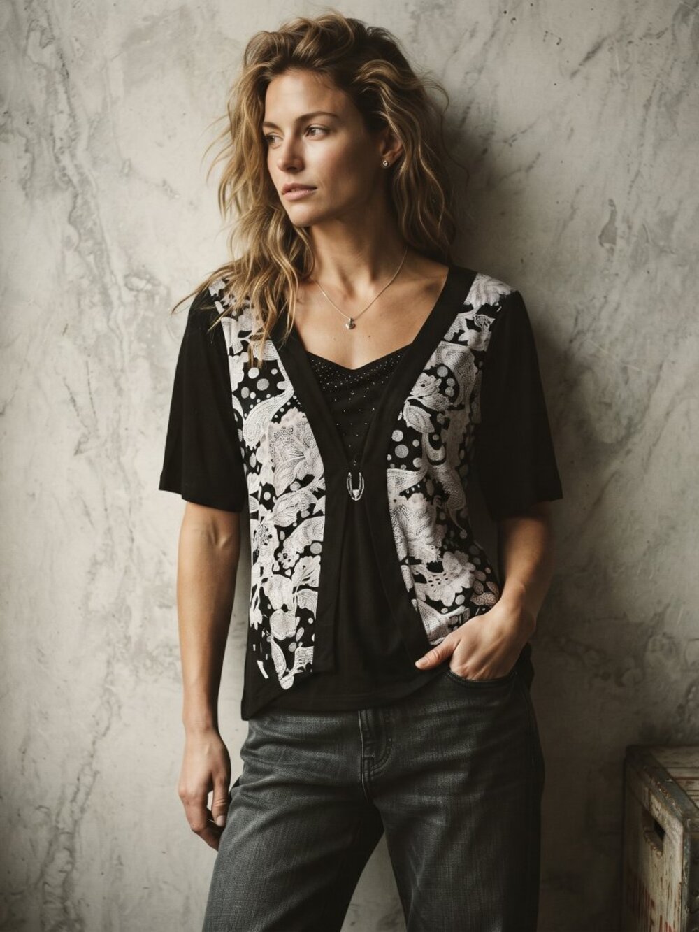 PTL Lady's Fashion Women M Blouse Black White Floral Rhinestone Top Preppy Retro